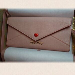 MIUMIU  Leather Madras Love Pink Letter Heart Wallet